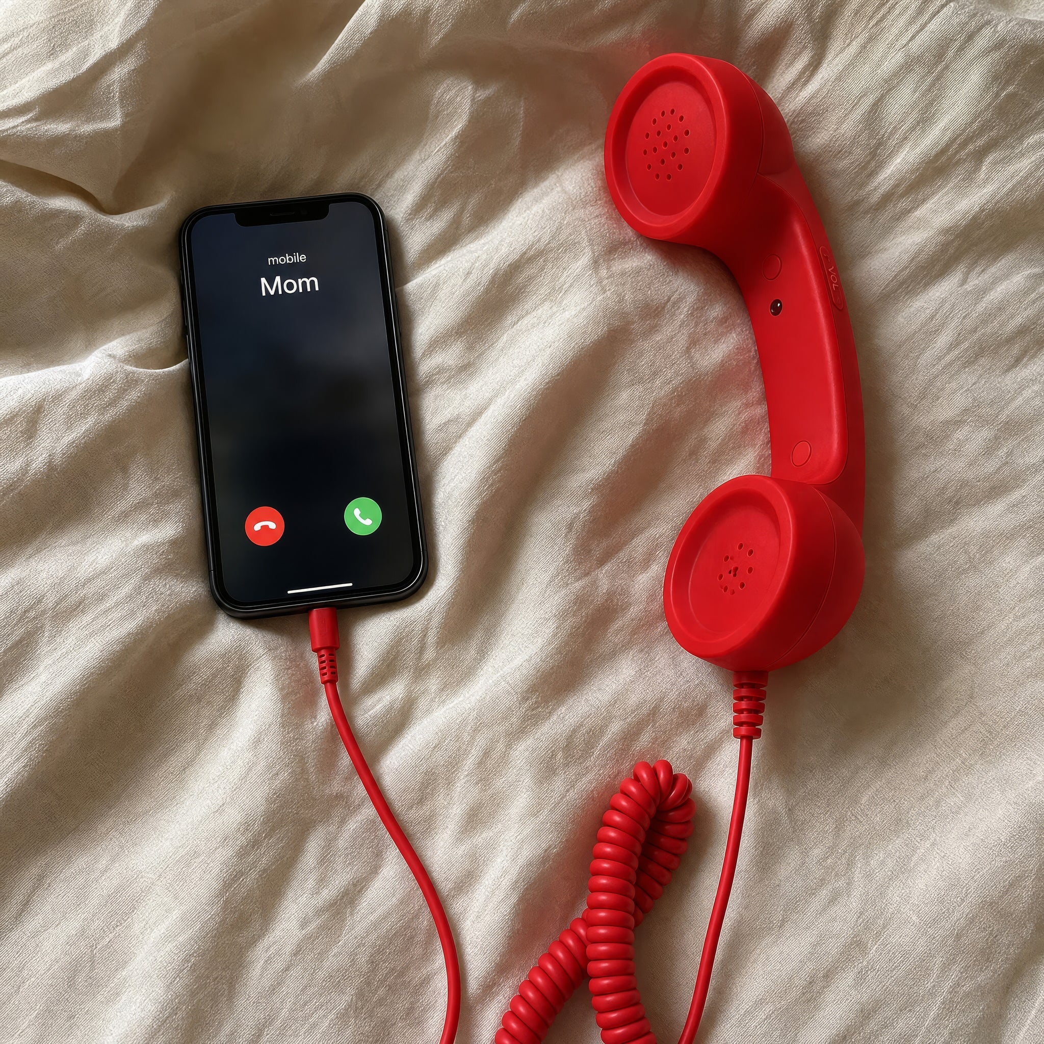 Overhead: a phone ringing with a call from Mom, the red DialBoop handset plugged into it on a cream sheet
