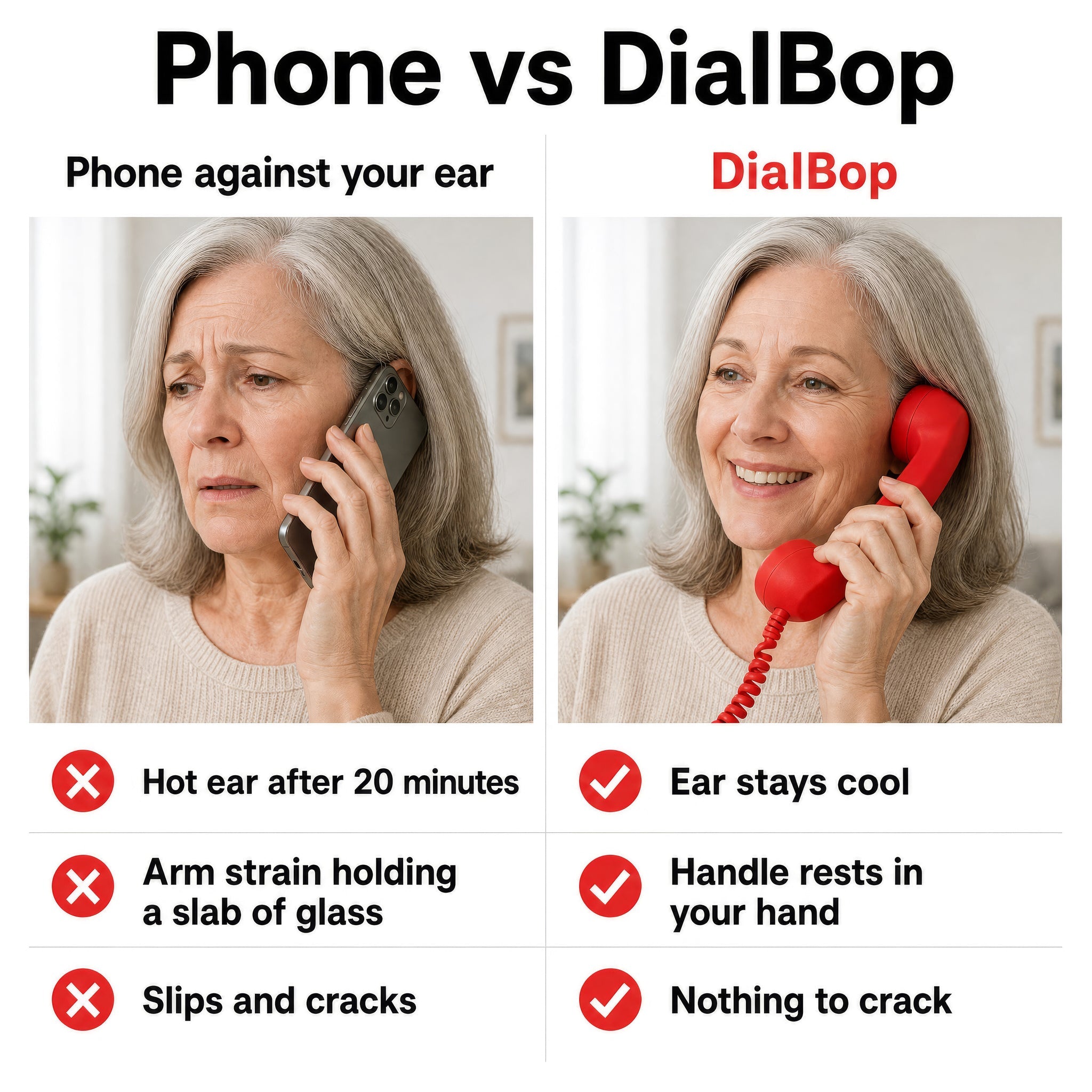 Phone vs DialBoop: hot ear, arm strain and cracked screens versus a cool ear, a handle that rests in your hand and nothing to crack