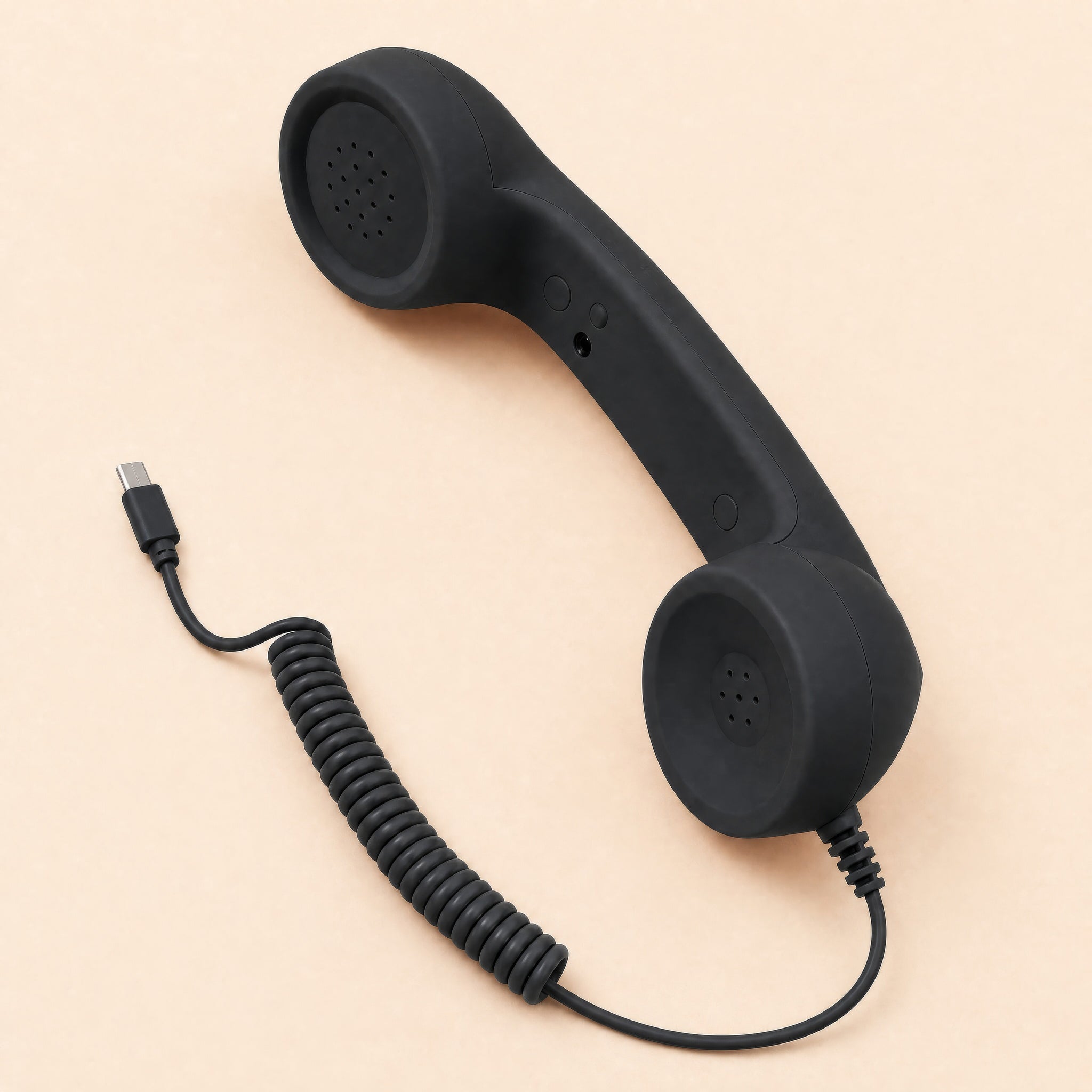DialBoop Retro Handset in black with coiled cord and USB-C plug
