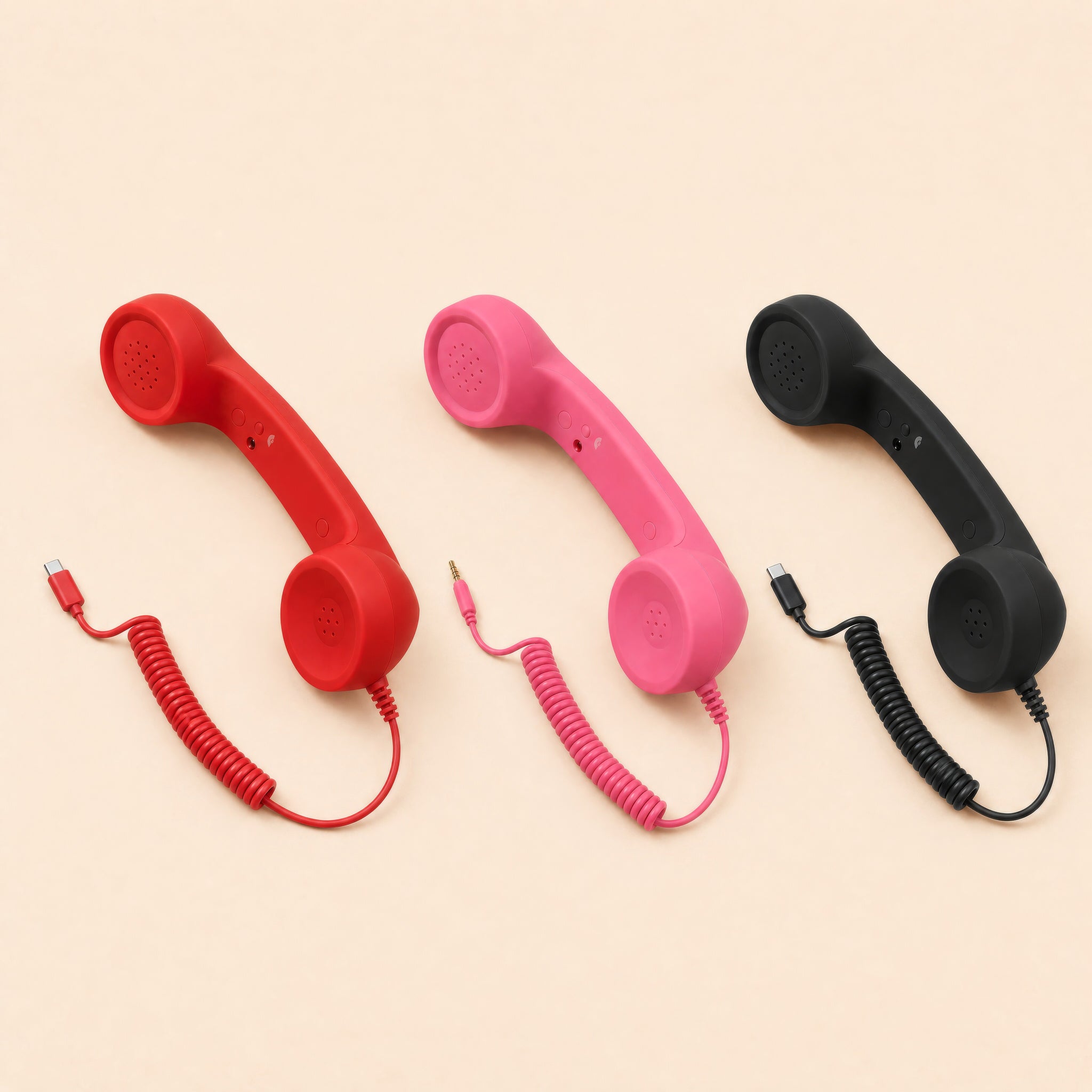 DialBoop Retro Handset in red, bubblegum pink and black, side by side with their cords