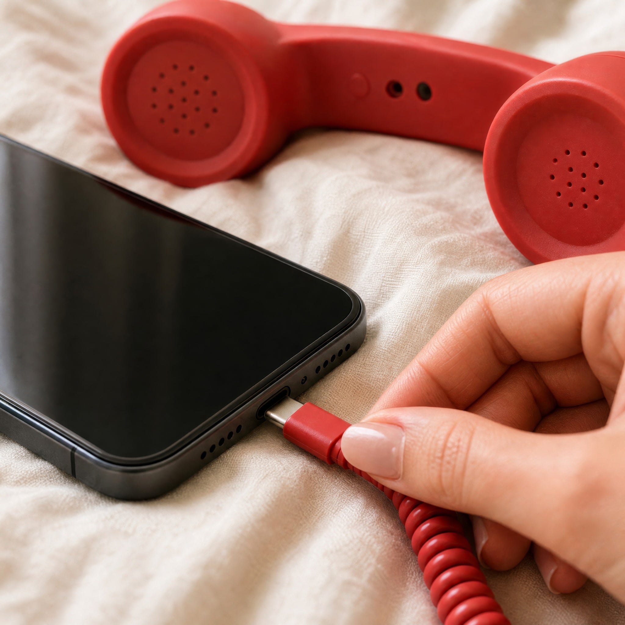 The USB-C plug on the red DialBoop cord going into the charging port of a phone