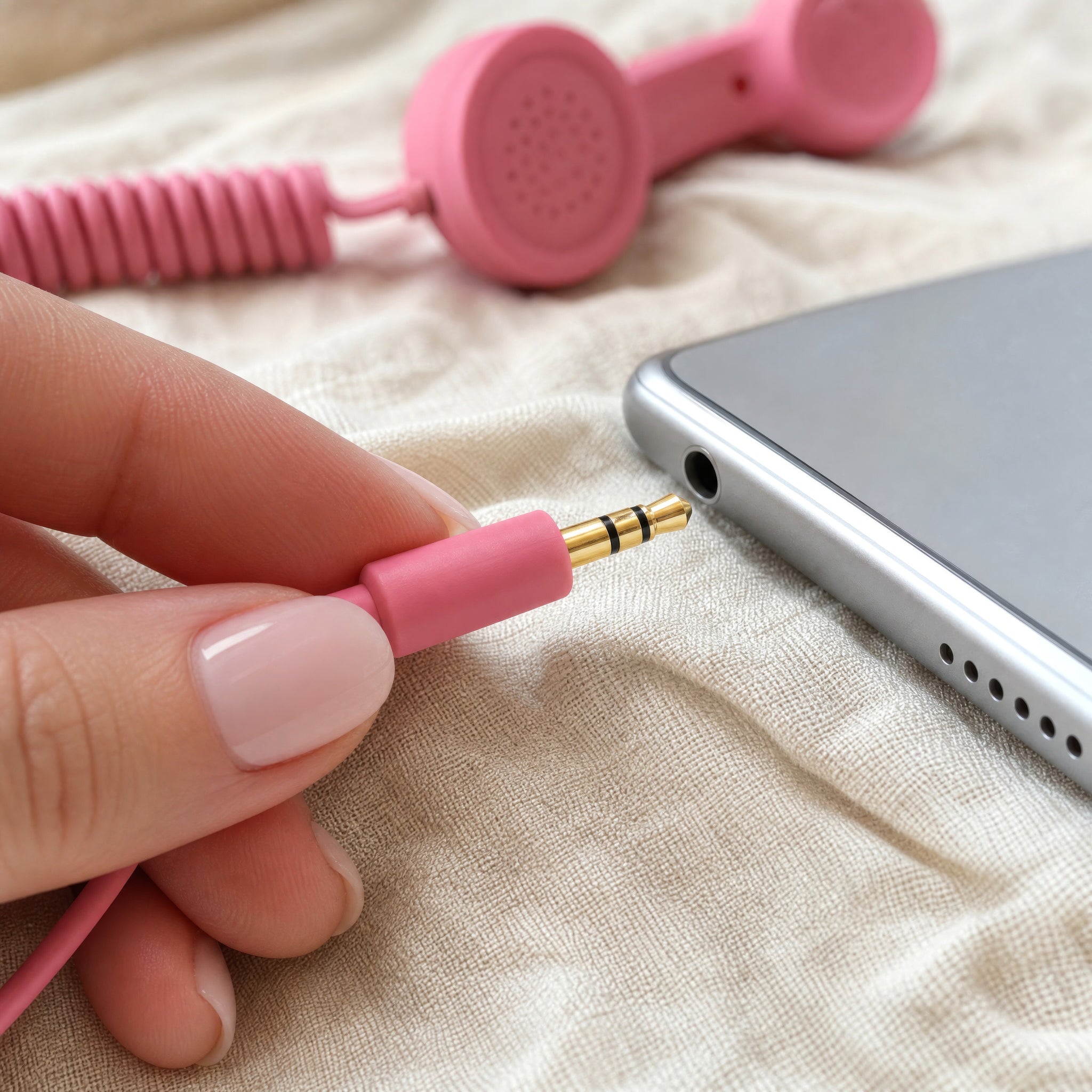 The 3.5 mm jack on the pink DialBoop cord going into the headphone port of a phone
