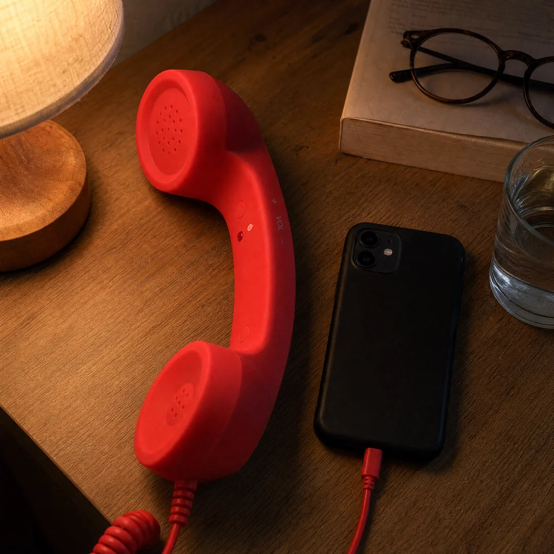 The red DialBoop handset on a bedside table, plugged into a phone