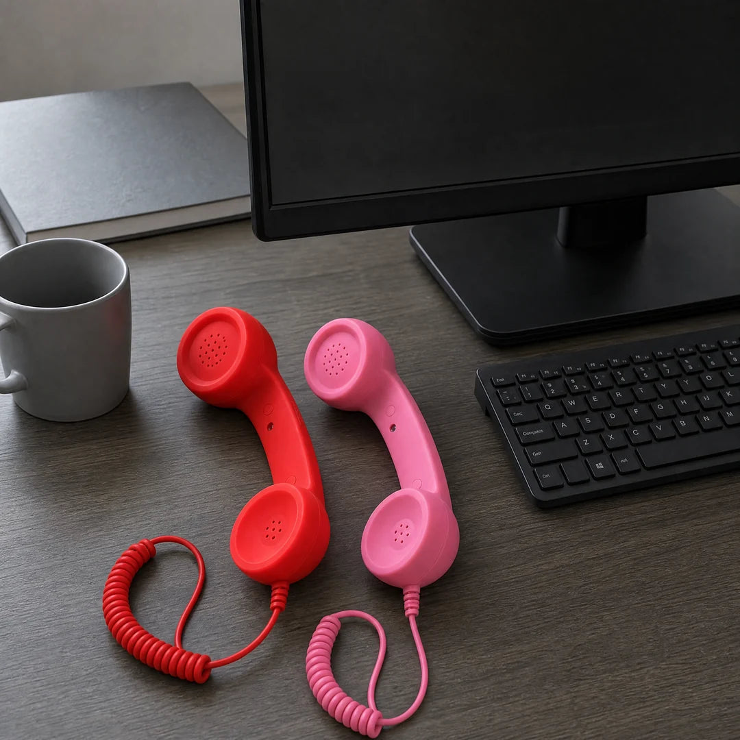 Red and pink DialBoop handsets side by side on a grey and black desk
